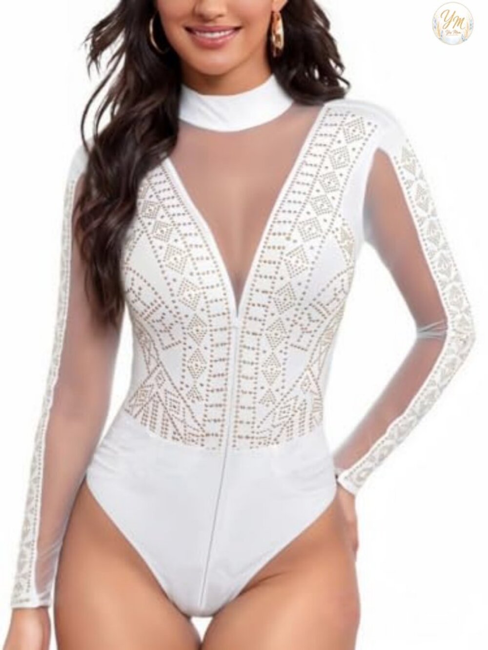 Rhinestone Bodysuit Long Sleeve High Neck Open Back Mesh Top